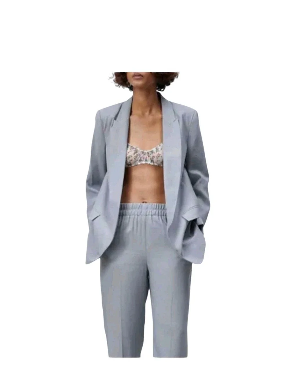 Zara Satin Effect Blazer Open Front Light Baby Blue Pastel Jacket Work  Size M